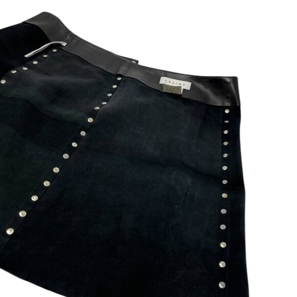 CELINE Vintage Macadam Logo Button Mini Skirt #38 Black Silver Leather [105060] - Picture 7 of 13